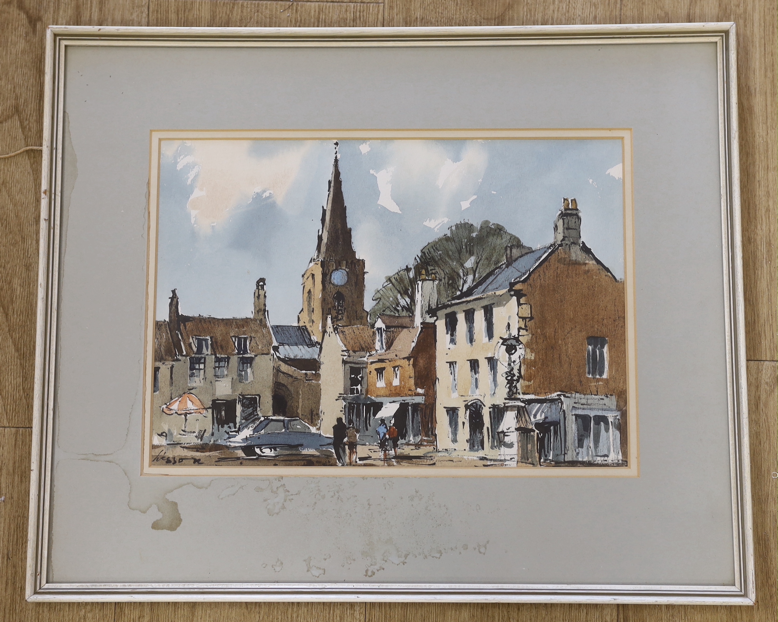 Edward Wesson (1910-1983) watercolour, 'A view of Uppingham, Northamptonshire', signed, various stamps and Gallery Thirty Three label verso, 34 x 24cm